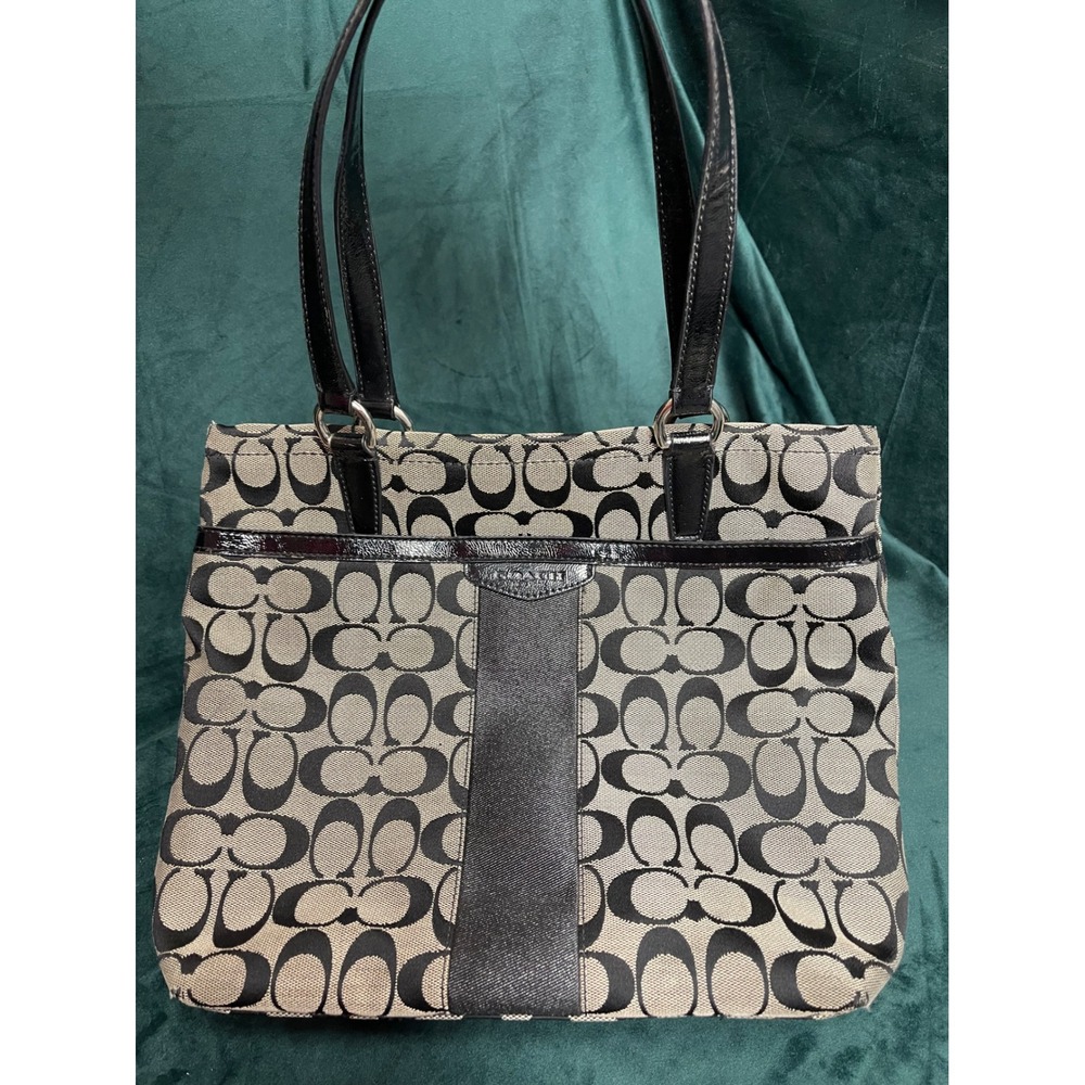 Coach Signature Jacquard Tote Bag Black Canvas Patent Leather Trim Shoulder Bag